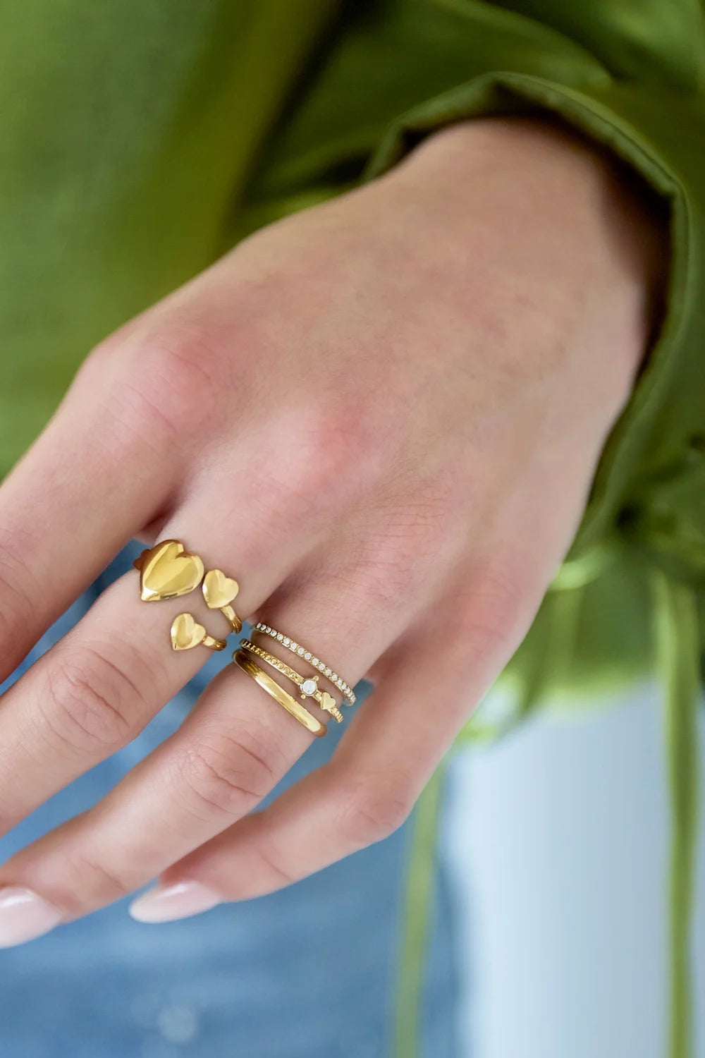 Ring stainless steel goud - 3 lagen met steentjes