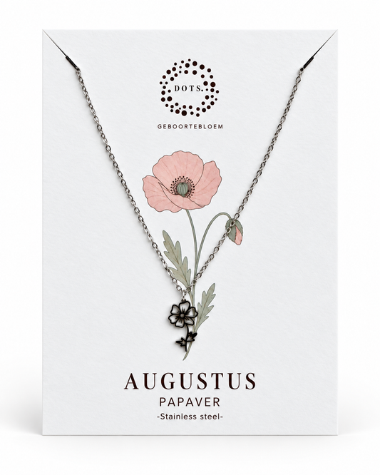 Geboortebloem ketting Augustus – Papaver | Goud of zilver - Stainless steel