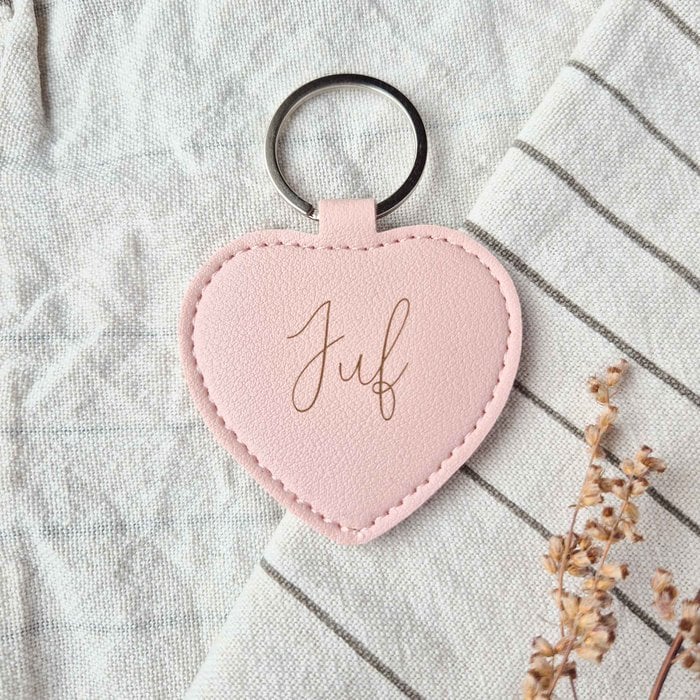Leren sleutelhanger - Hart roze juf