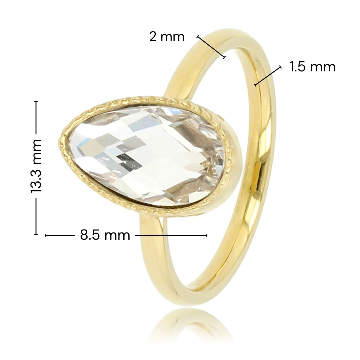 My Bendel Ring met Druppel Glassteen & Getwist Randje • Kristal • Goud - Stainless steel