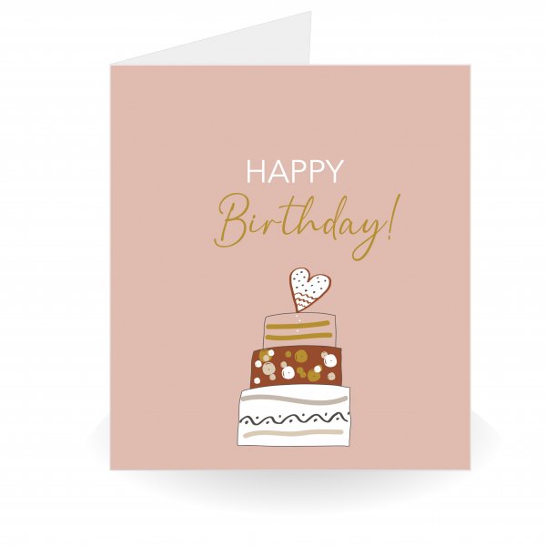 Happy Birthday Kaart met Taart – Dubbele Kaart met Gouden Envelop