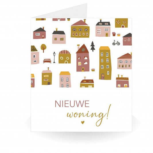 Nieuwe Woning Kaart met Huisjes – Dubbele Kaart met Gouden Envelop