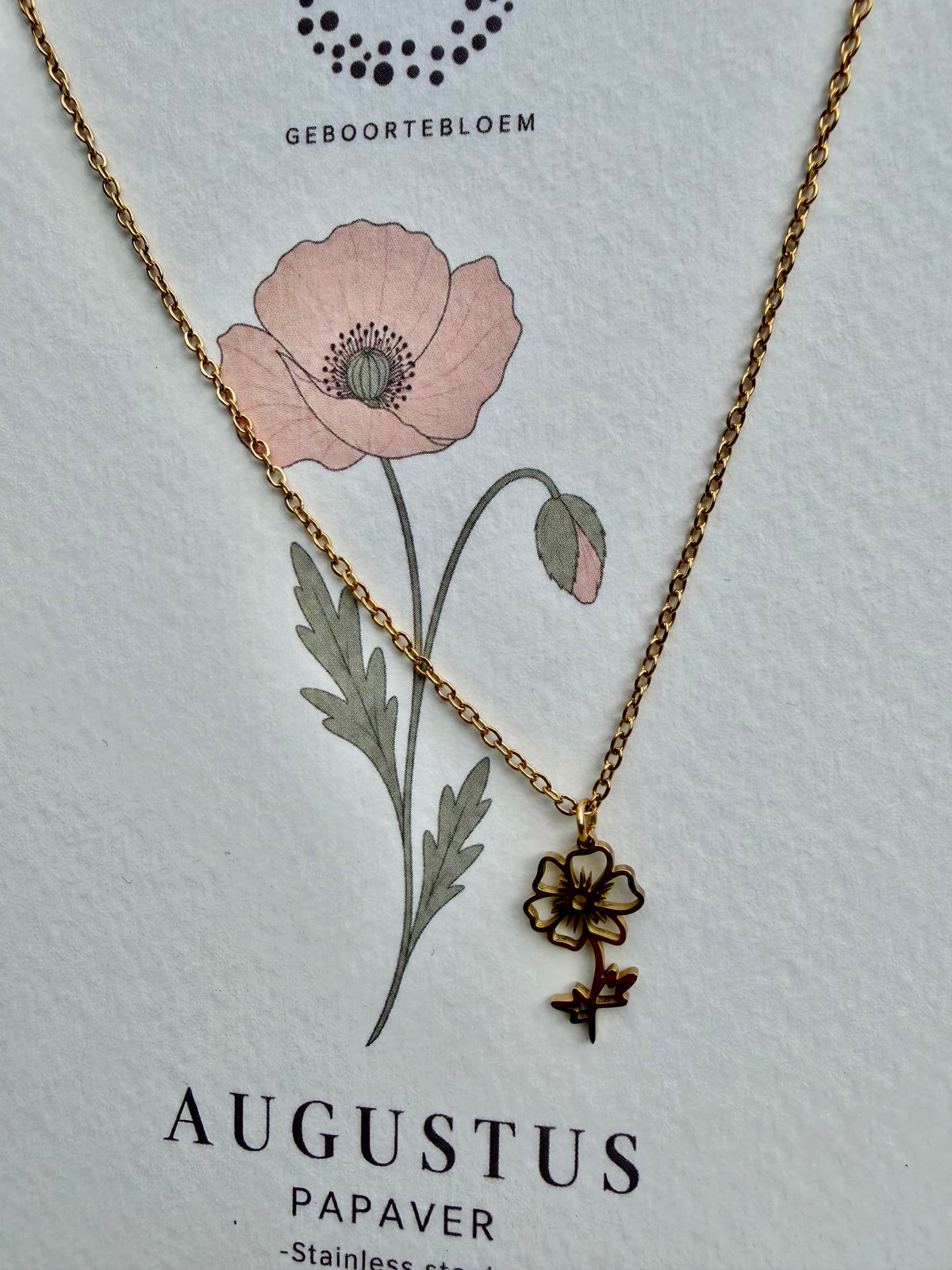 Geboortebloem ketting Augustus – Papaver | Goud of zilver - Stainless steel