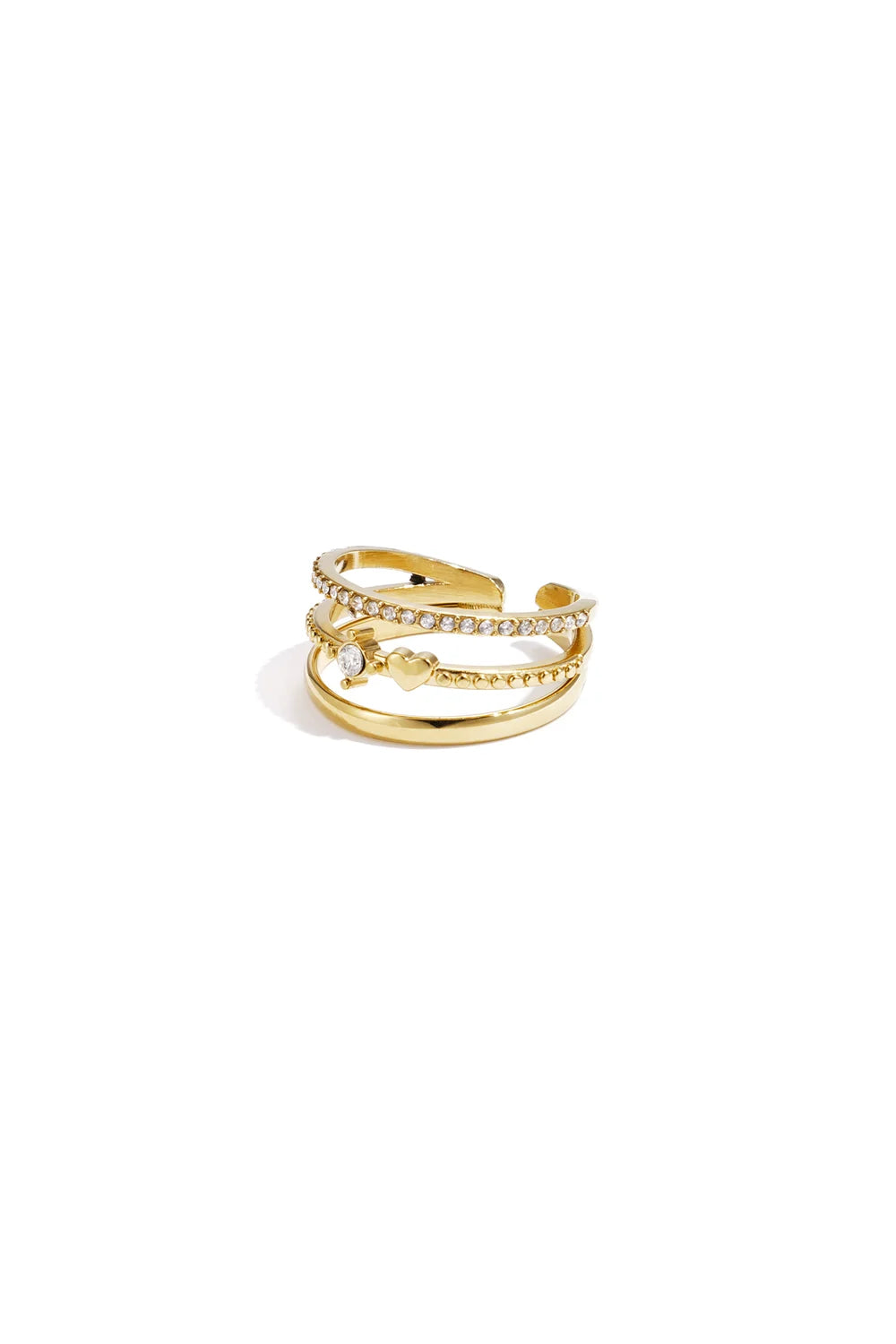 Ring stainless steel goud - 3 lagen met steentjes