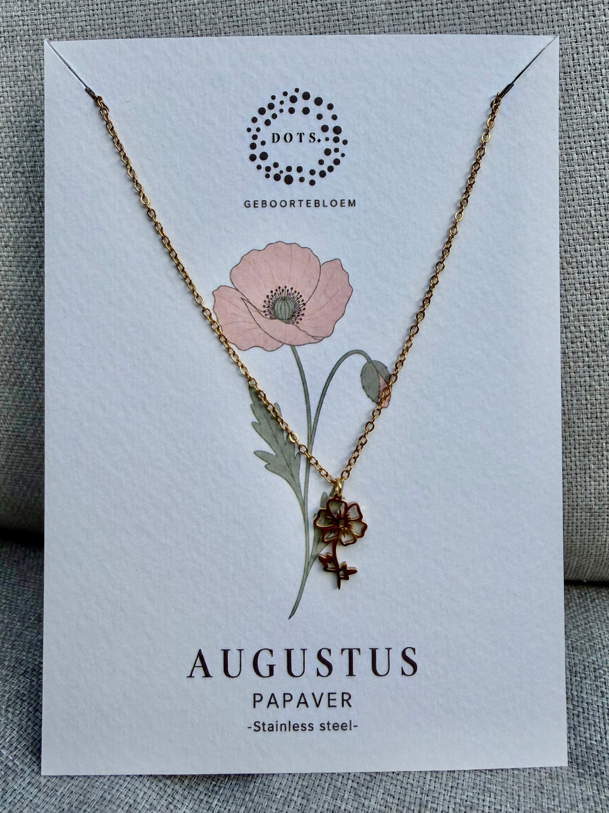 Geboortebloem ketting Augustus – Papaver | Goud of zilver - Stainless steel