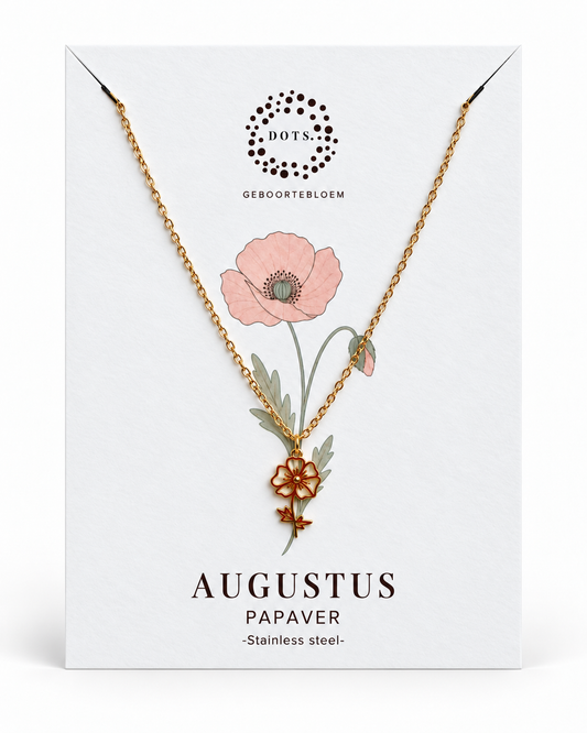 Geboortebloem ketting Augustus – Papaver | Goud of zilver - Stainless steel