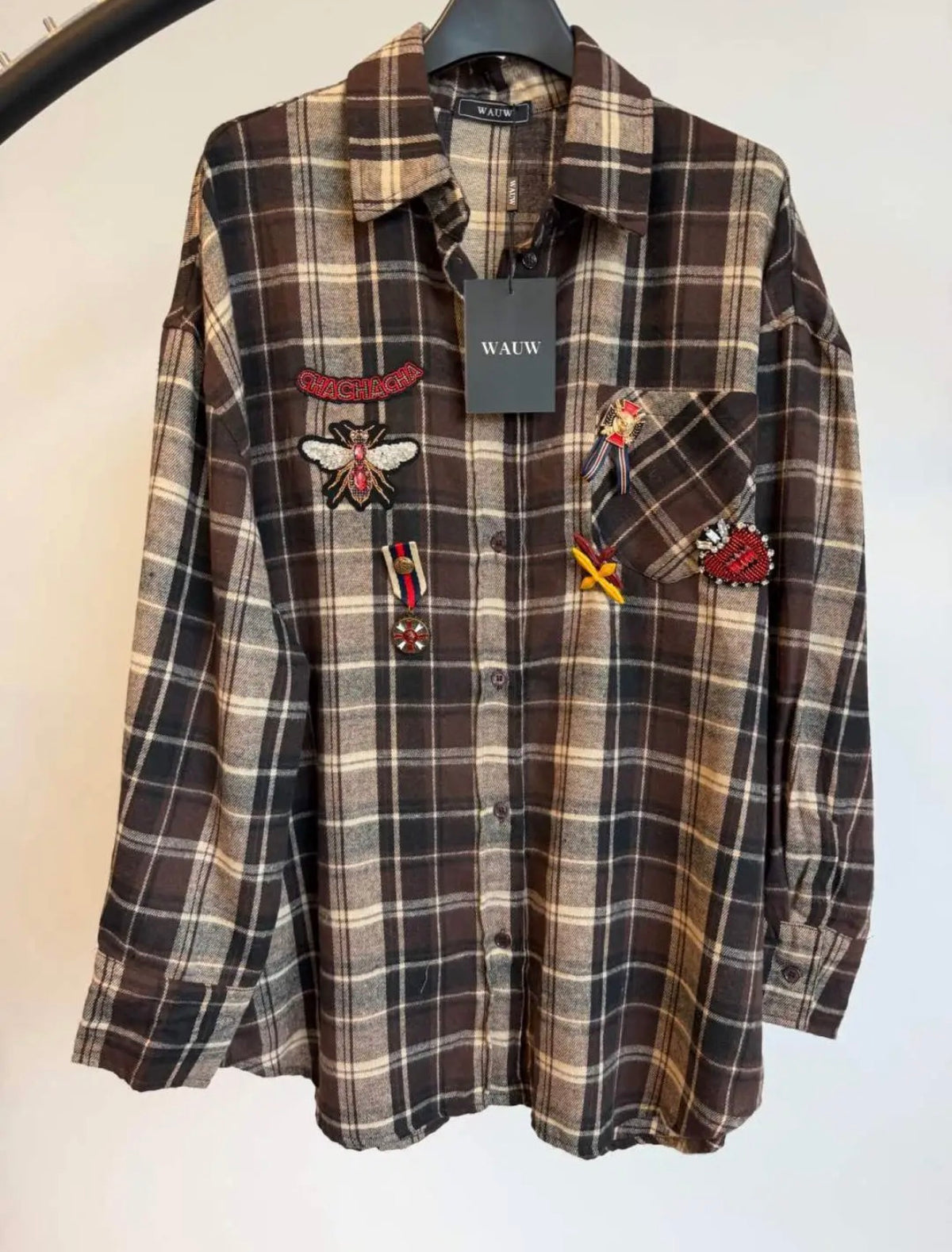 Wauw Fashion geruite blouse/overshirt donkerbruin met patches