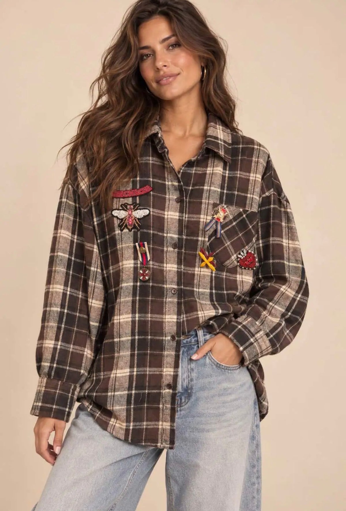 Wauw Fashion geruite blouse/overshirt donkerbruin met patches