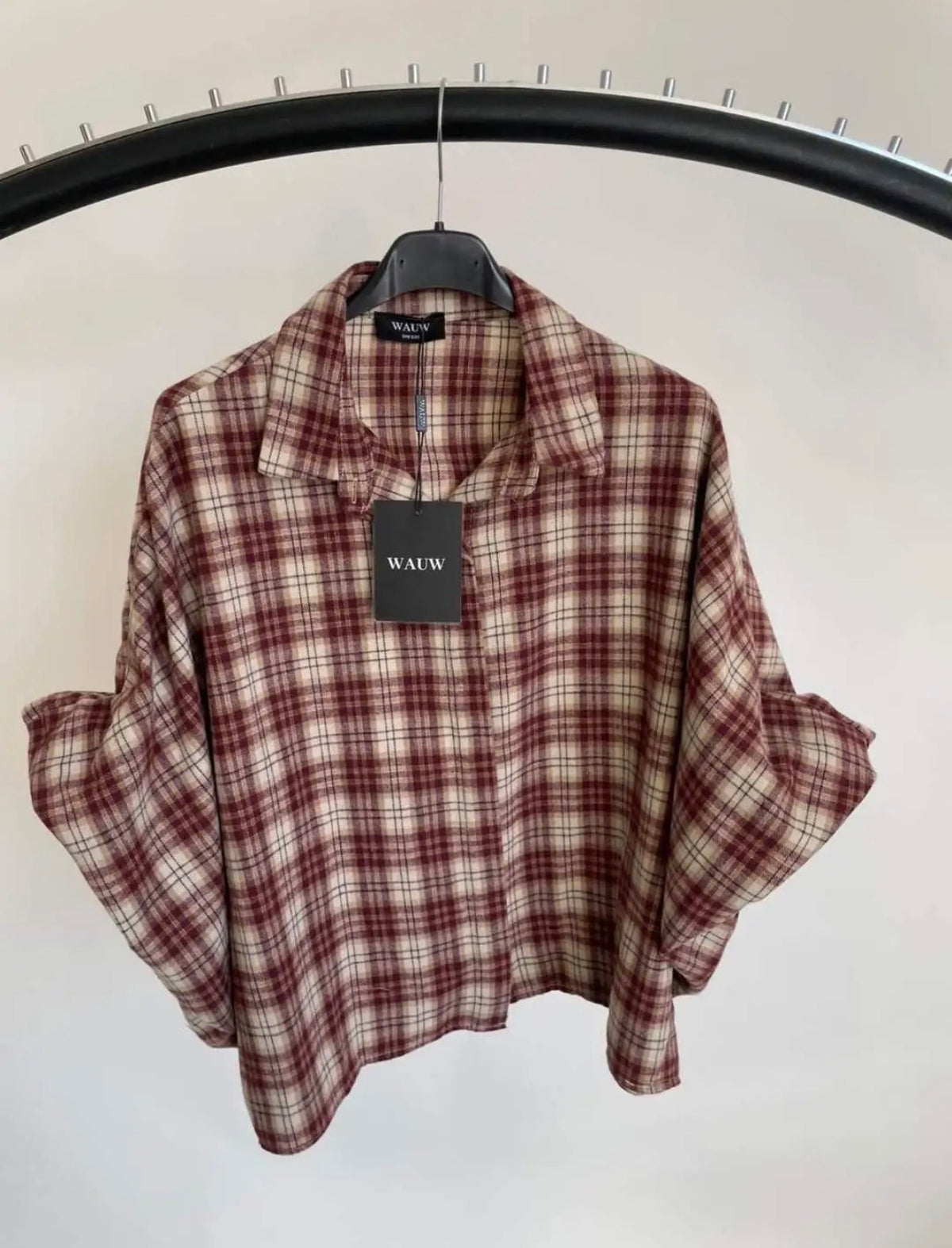 Wauw Fashion blouse geruit bordeaux/beige – oversized model