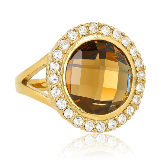My Bendel Elegante Ring met Ronde Glassteen & Zirkonia • Smoky Topaz