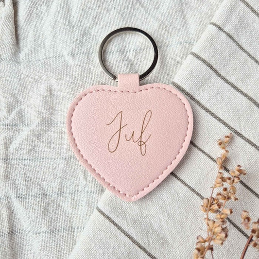 Leren sleutelhanger - Hart roze juf