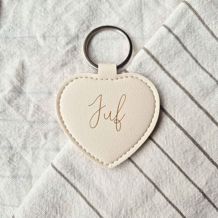 Leren sleutelhanger - Hart beige juf