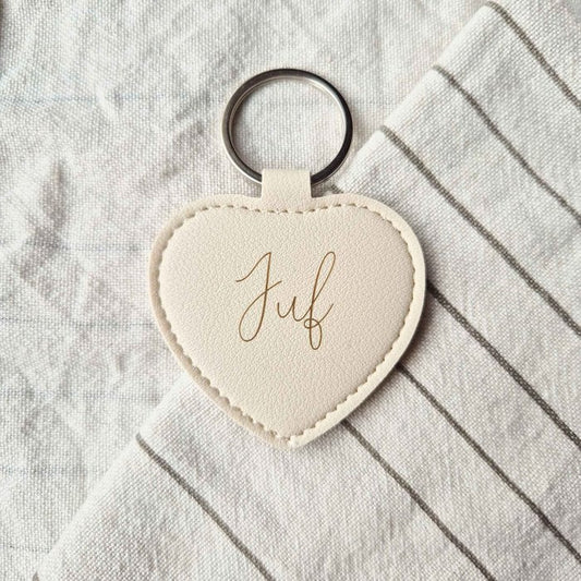 Leren sleutelhanger - Hart beige juf