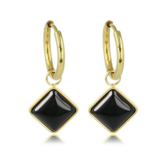My Bendel - Gouden Oorring met Onyx Ruit Hanger