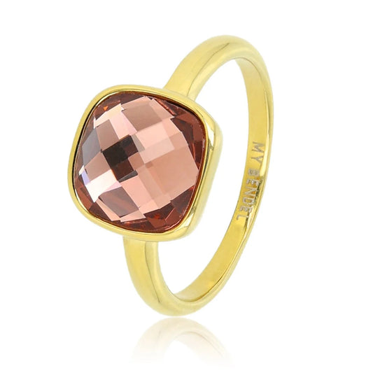 My Bendel Gouden ring - roze facet kristal glassteen - stainless steel