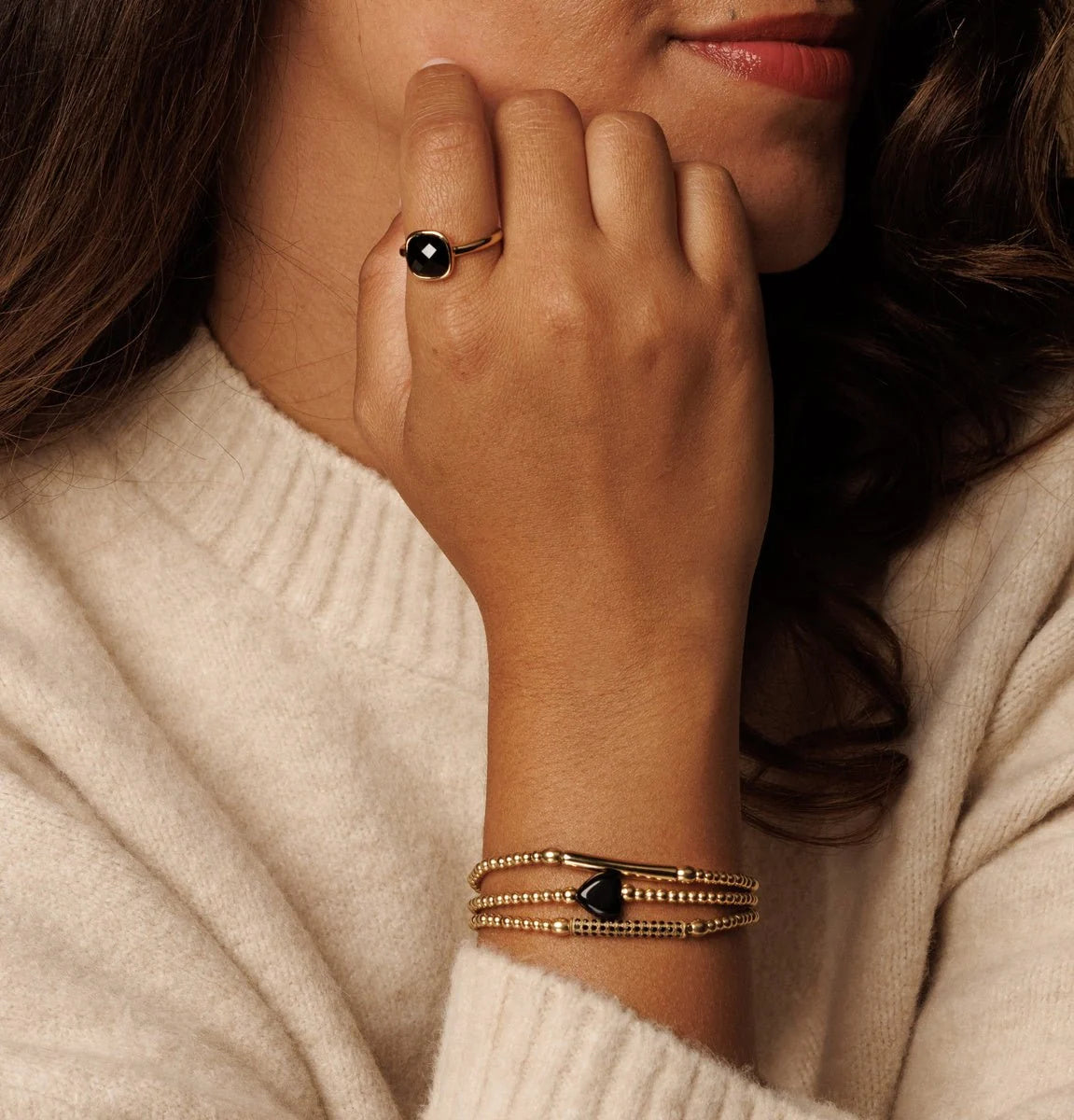 My Bendel Gouden ring - Zwarte facet kristal glassteen - stainless steel