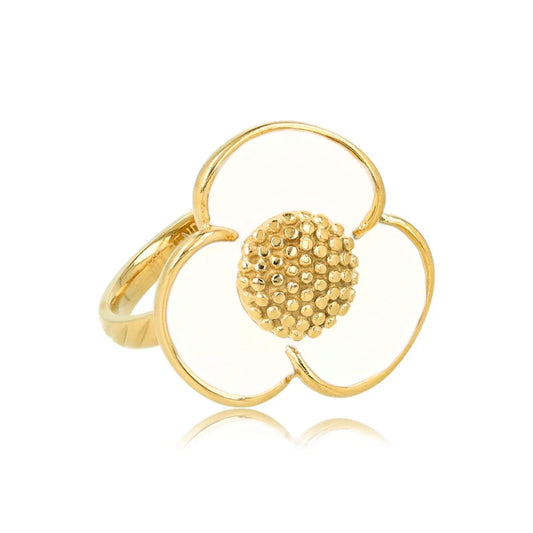 My Bendel Gouden bloem ring - wit epoxy - speelse stijlvolle touch - stainless steel