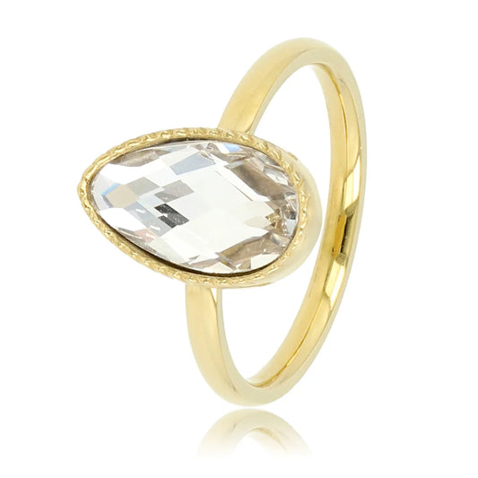 My Bendel Ring met Druppel Glassteen & Getwist Randje • Kristal • Goud - Stainless steel