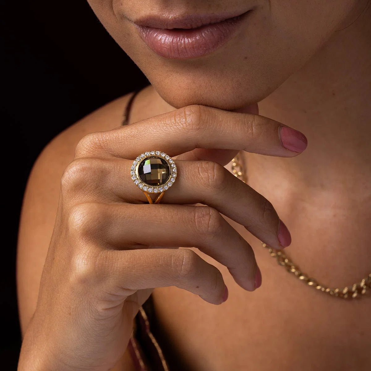 My Bendel Elegante Ring met Ronde Glassteen & Zirkonia • Smoky Topaz