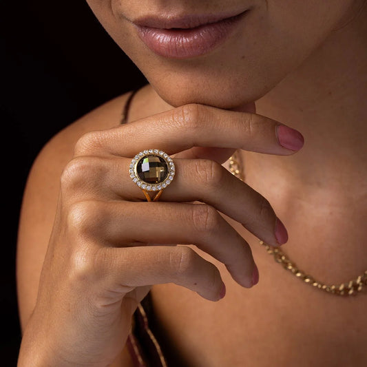 My Bendel Elegante Ring met Ronde Glassteen & Zirkonia • Smoky Topaz